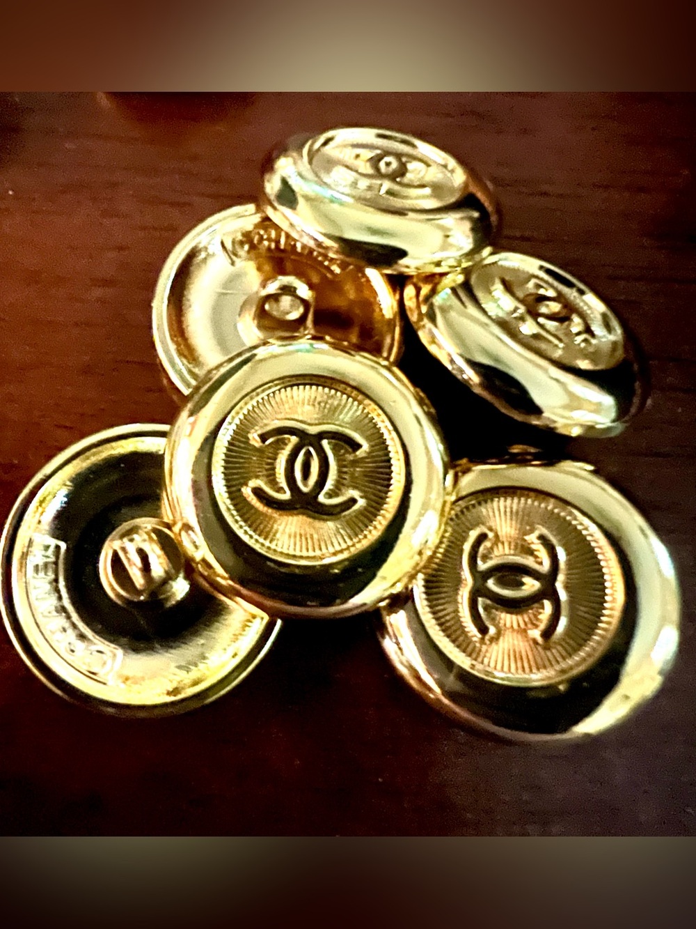 Set of 6-18mm gold tone rounded CC logo buttons with stamped back